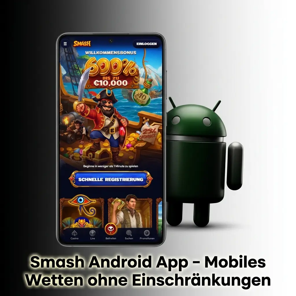 Smash Android App auf einem Smartphone mit Sportwetten und Casino-Spielen für mobiles Wetten ohne Einschränkungen