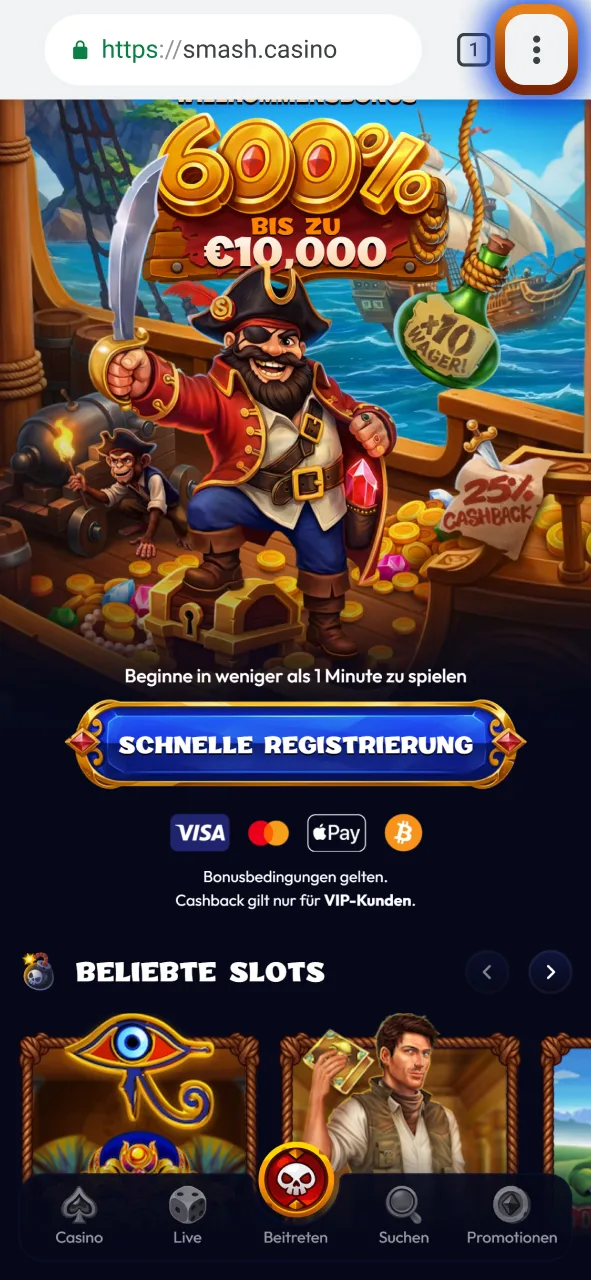 Öffnen Sie das Menü in der oberen Ecke des Android-Browsers für Smash.