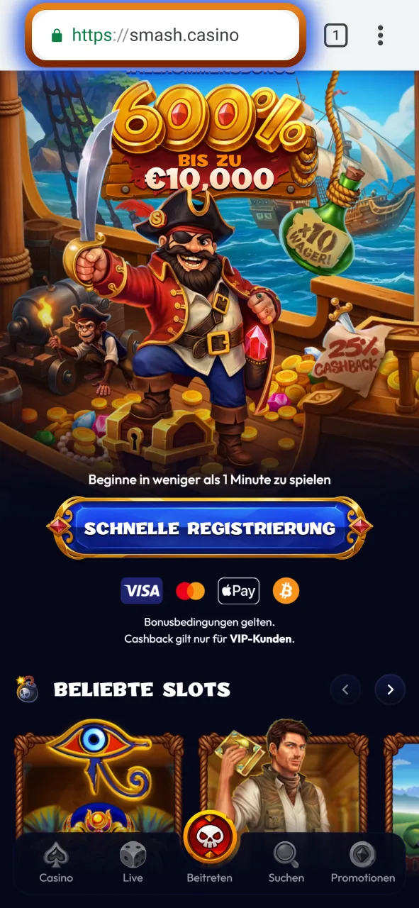 Rufen Sie die mobile Version der Smash Plattform auf Ihrem Android-Gerät auf.