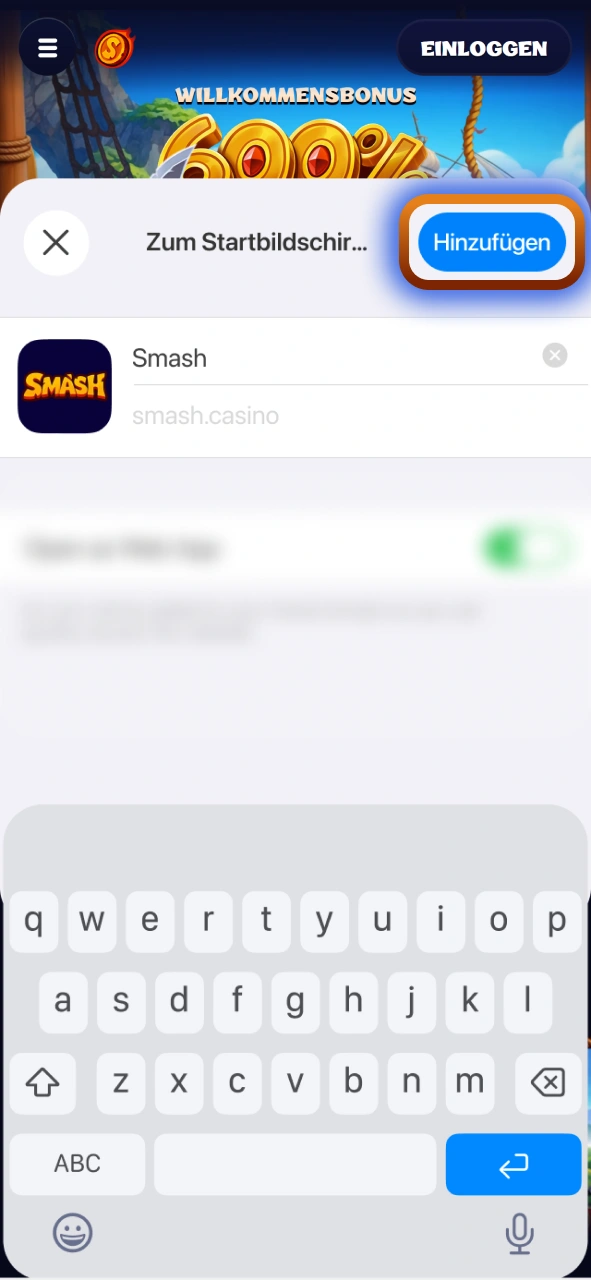 Bestätigen Sie das Hinzufügen der mobilen Smash Anwendung auf Ihrem iOS-Bildschirm.