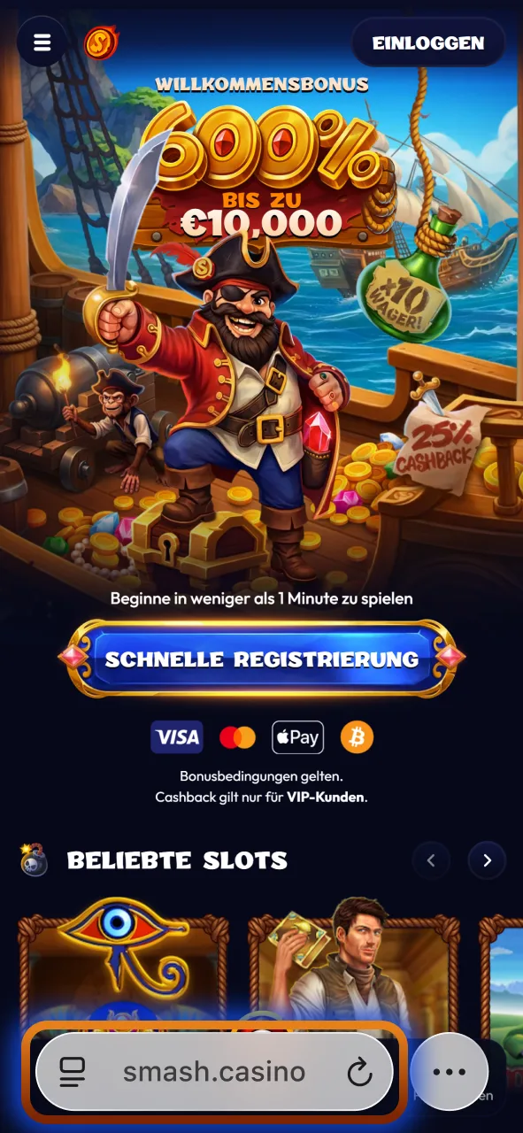 Öffnen Sie die offizielle Smash Plattform im mobilen Safari-Browser auf iOS.