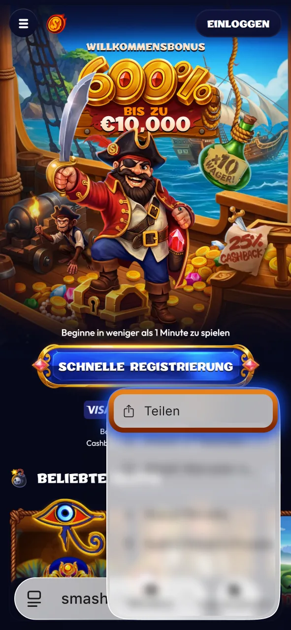 Tippen Sie auf das Teilen-Symbol im Browser Ihres iPhones für die Smash App.