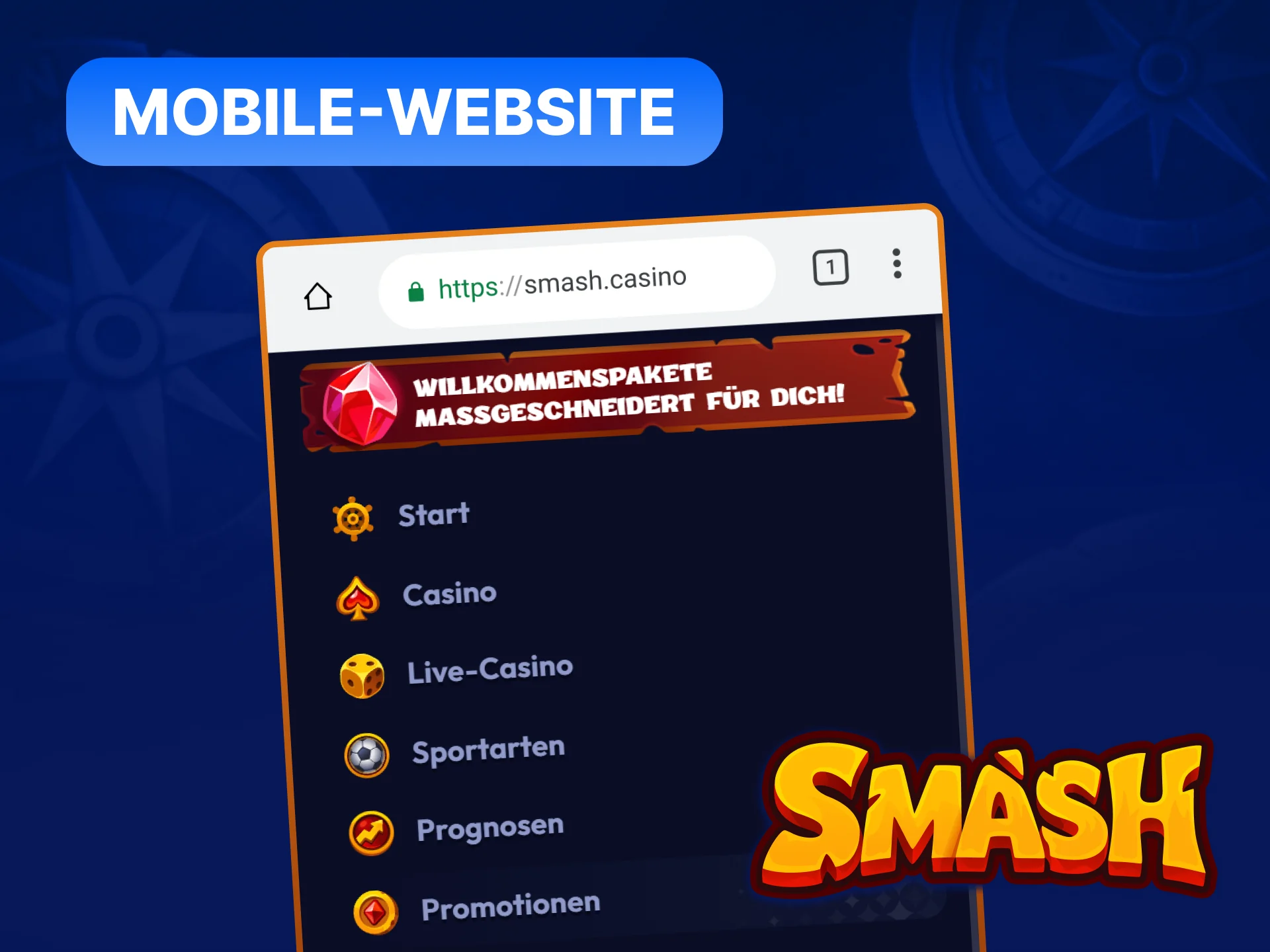 Smash Mobile-Website auf Smartphone mit Sportwetten und Casino-Spielen ohne App-Download.