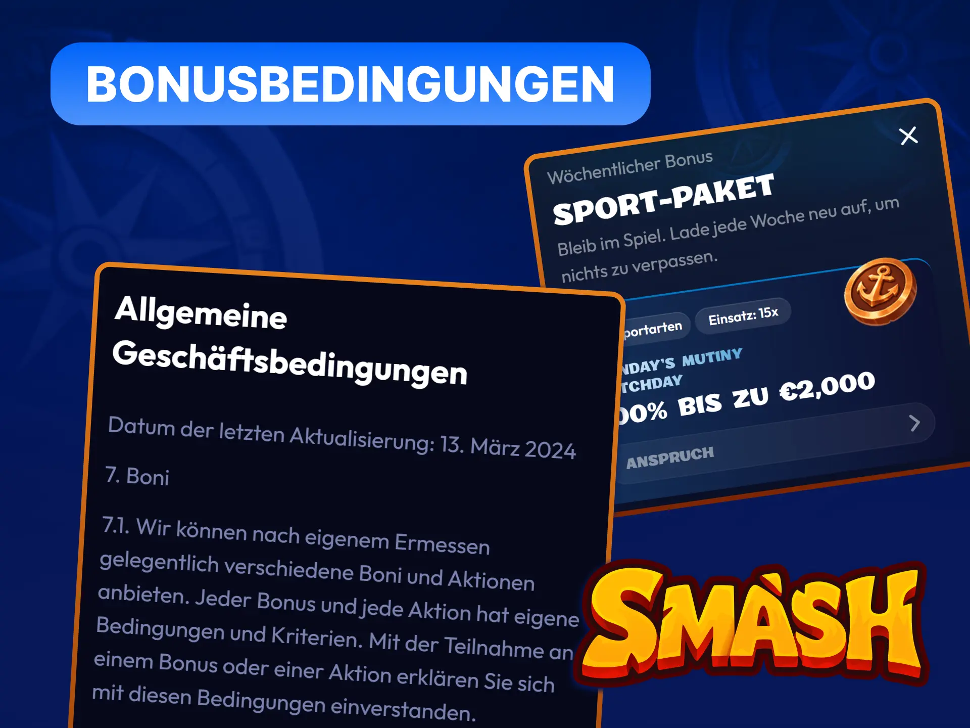 Smash Casino Bonusbedingungen: KYC-Pflicht, Umsatzbedingungen, Maximalwetten und Kontoregeln im Überblick.