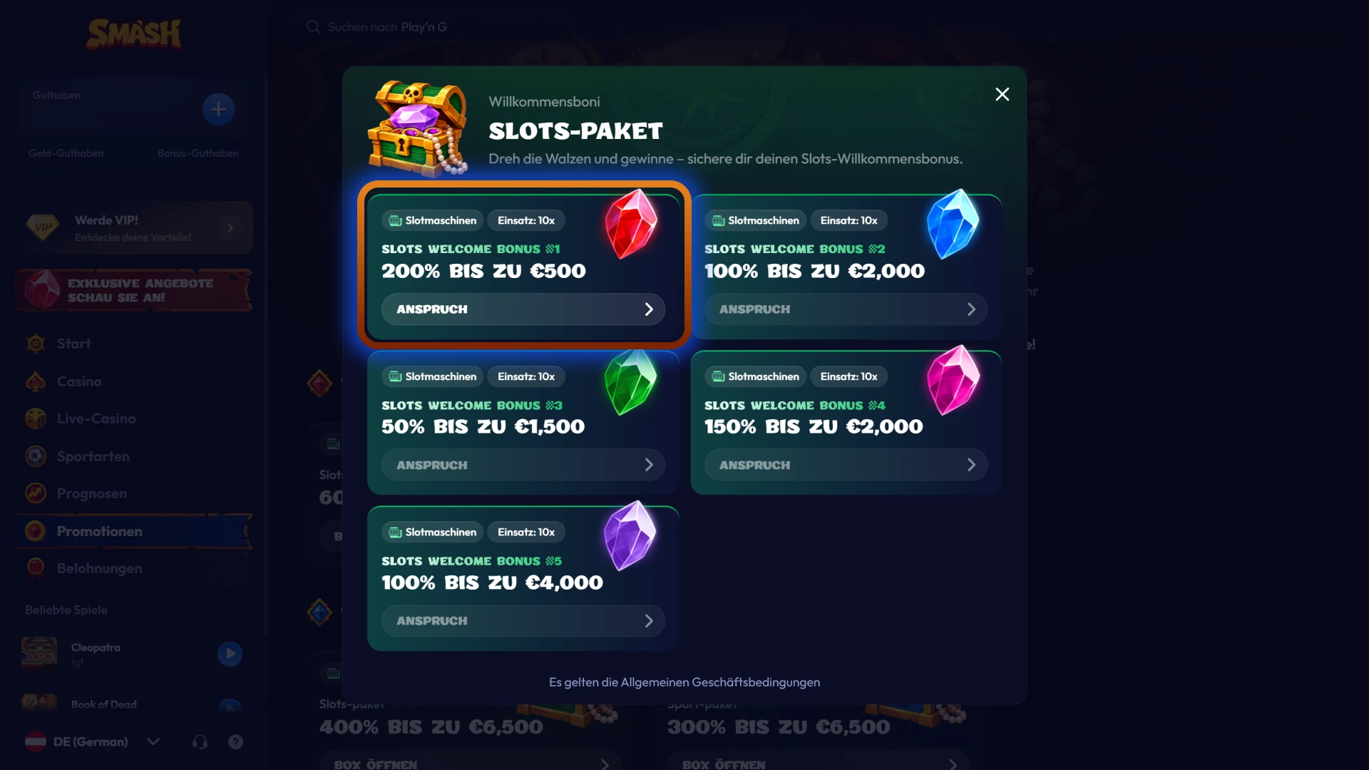 Aktivieren Sie Ihren gewünschten Bonus direkt in Ihrem Smash Spielerkonto.