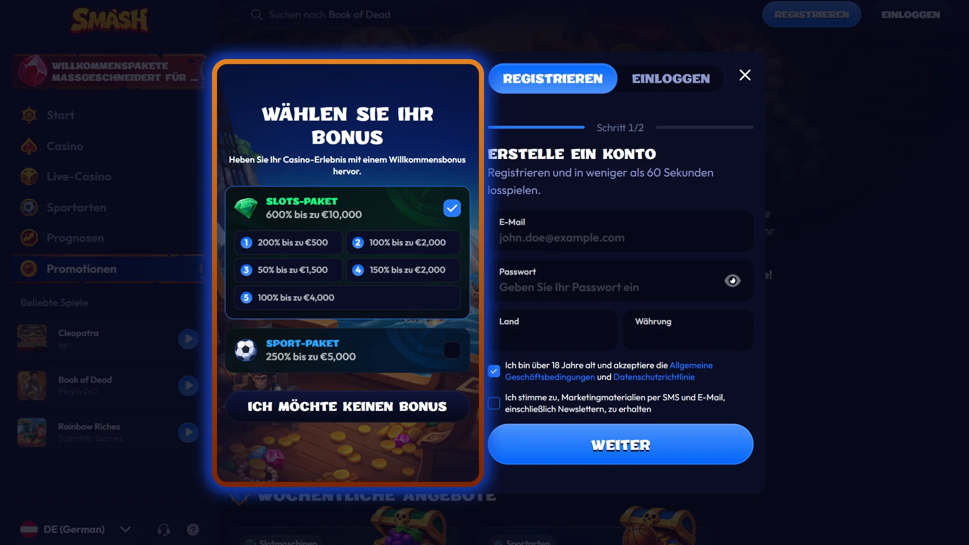 Registrieren Sie sich in wenigen Schritten, um Anspruch auf die Boni bei Smash zu haben.