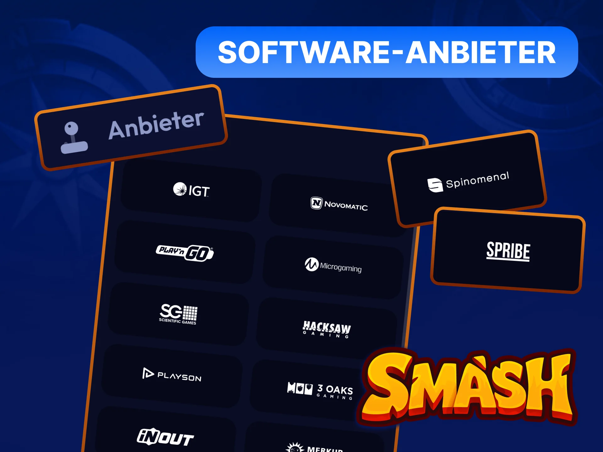 Logos lizenzierter Spieleentwickler bei Smash Casino: Pragmatic Play, NetEnt, Play'n GO und mehr.