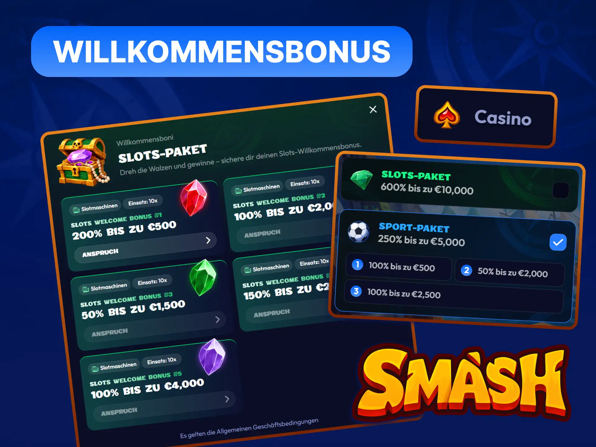 Smash Casino Willkommensbonus: 600% bis 10.000 EUR für Slots und 250% bis 5.000 EUR für Sportwetten.