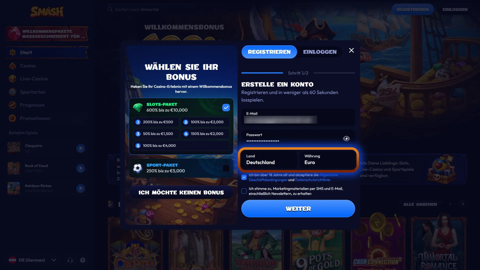 Wählen Sie Ihre bevorzugten Einstellungen bei der Kontoerstellung auf Smash.