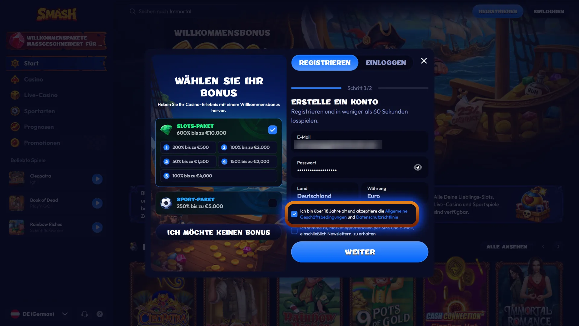 Bestätigen Sie die Erstellung Ihres neuen Spielerkontos bei Smash.