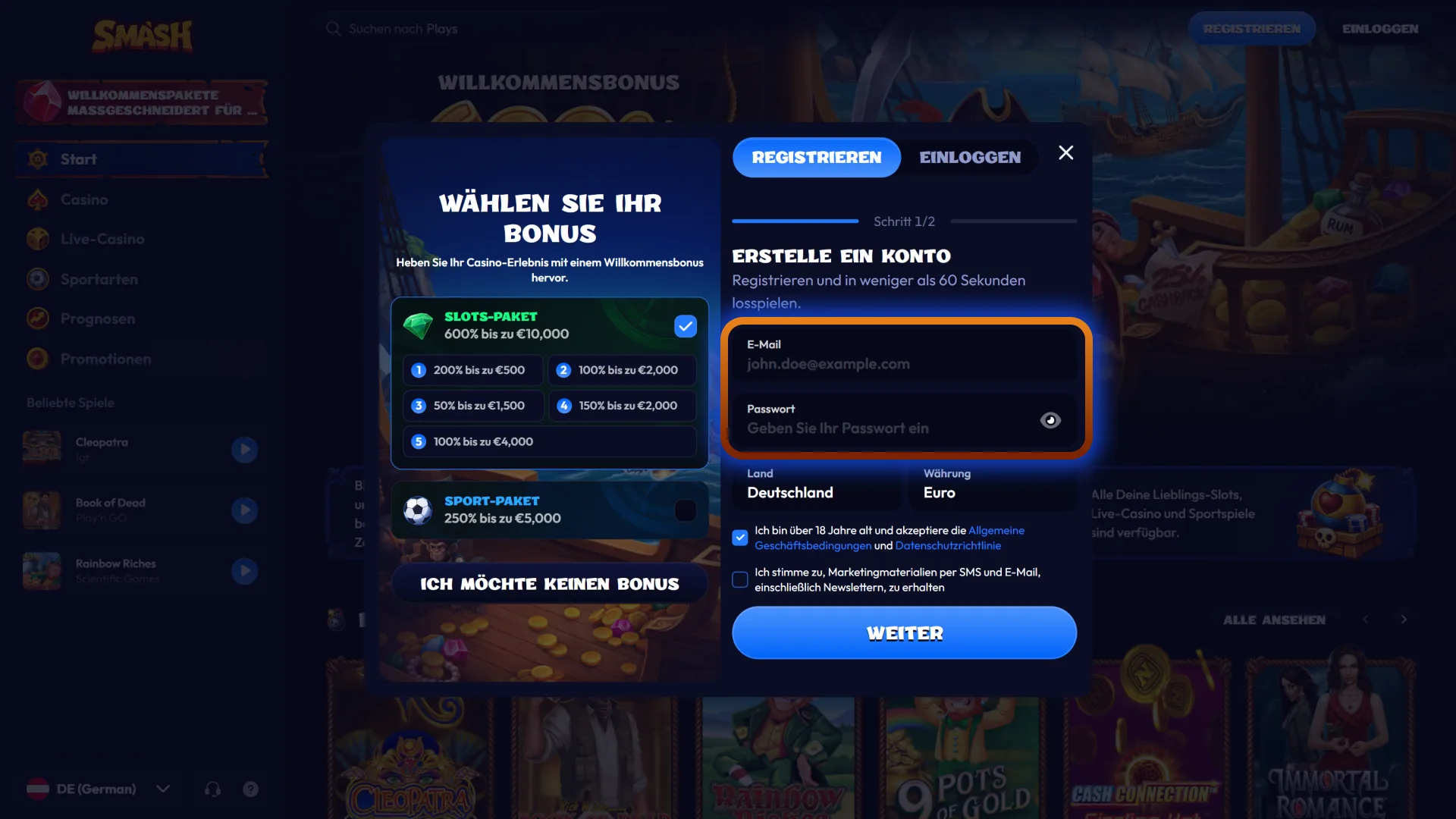 Geben Sie Ihre erforderlichen Daten in die Anmeldemaske bei Smash ein.