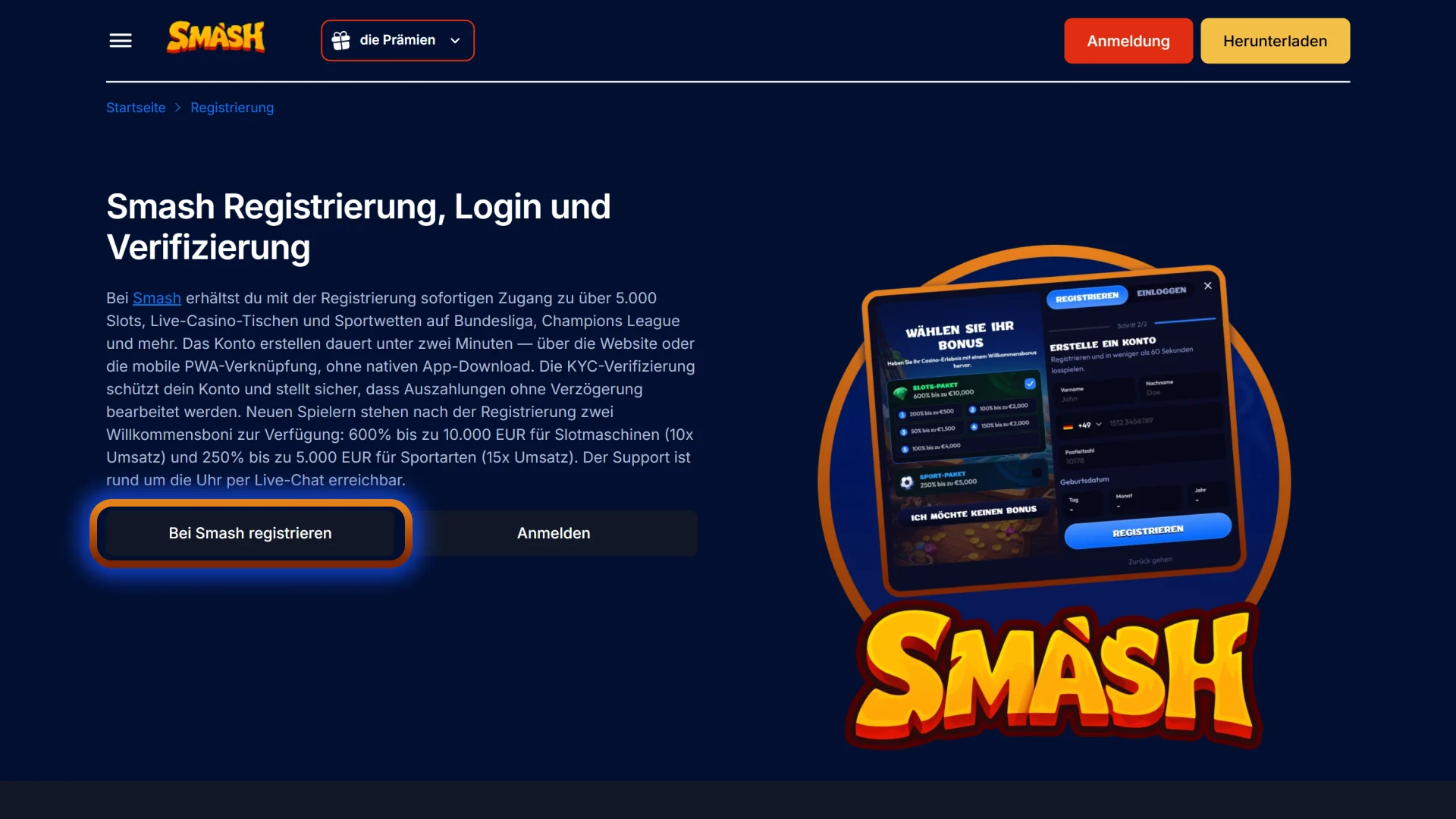 Öffnen Sie die offizielle Smash Webseite, um den Registrierungsprozess zu starten.