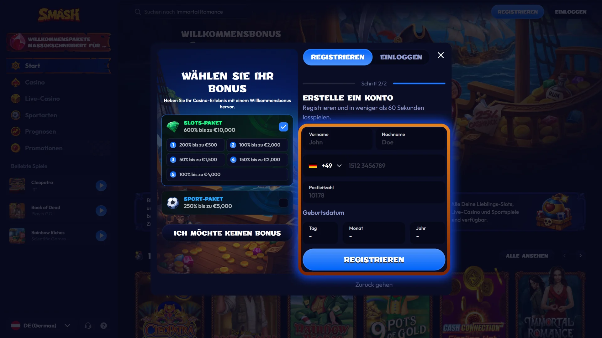 Klicken Sie auf Registrieren, um ein neues Konto bei Smash anzulegen.
