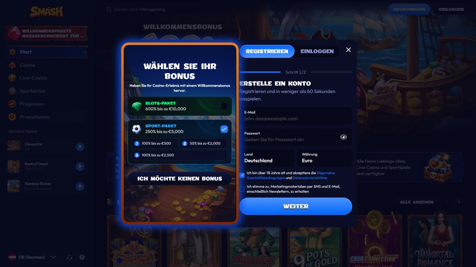 Wählen und aktivieren Sie Ihren Willkommensbonus bei Smash.
