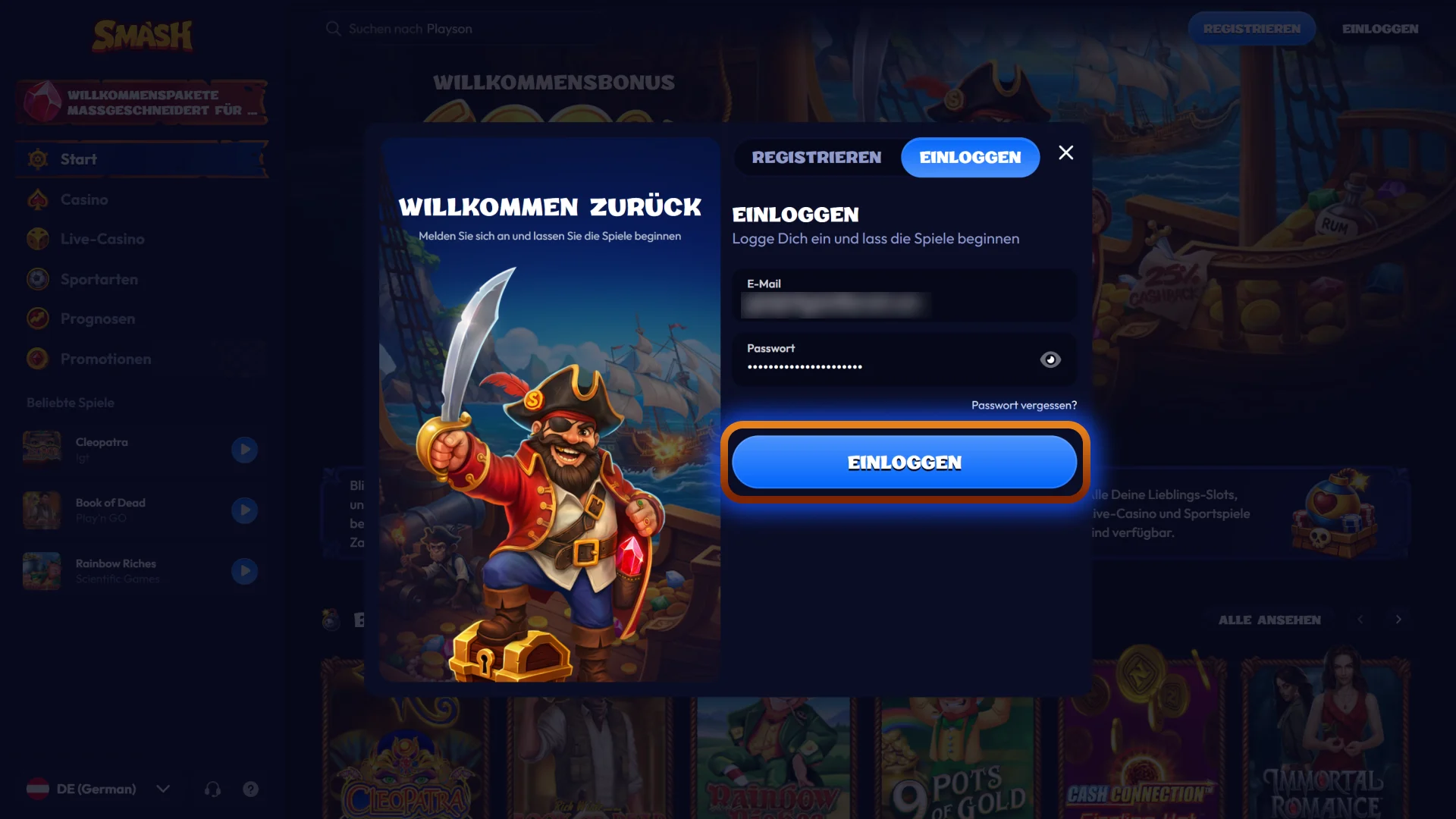 Bestätigen Sie Ihre Eingaben, um den Anmeldevorgang bei Smash abzuschließen.