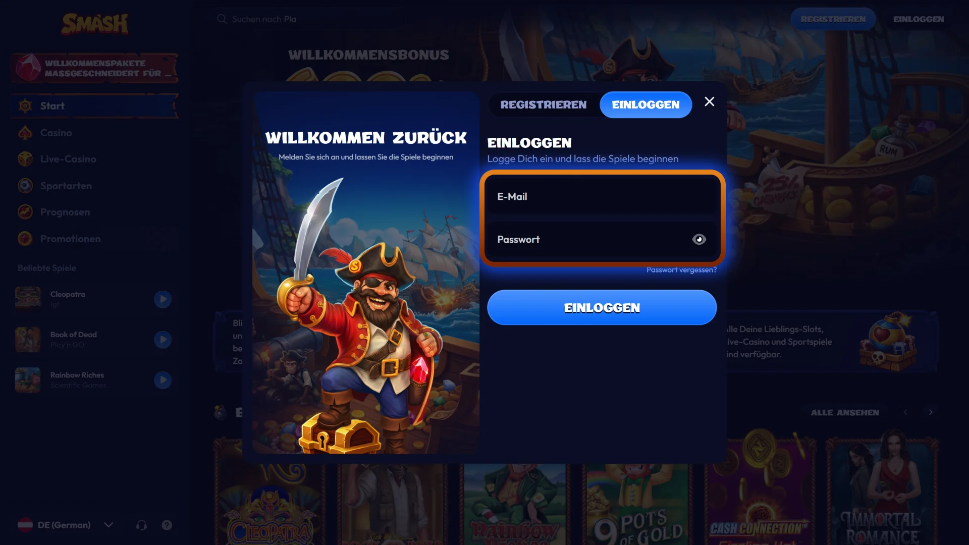 Halten Sie Ihre Zugangsdaten für den schnellen Login bei Smash bereit.