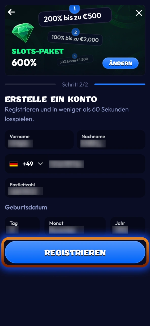 Schließen Sie Ihre mobile Registrierung bei Smash erfolgreich ab.