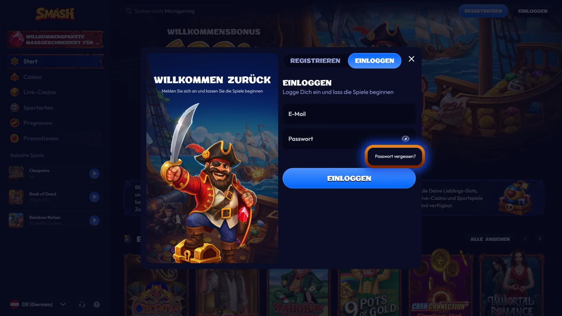 Rufen Sie die Anmeldeseite auf, um den Prozess zur Passwortwiederherstellung bei Smash zu starten.
