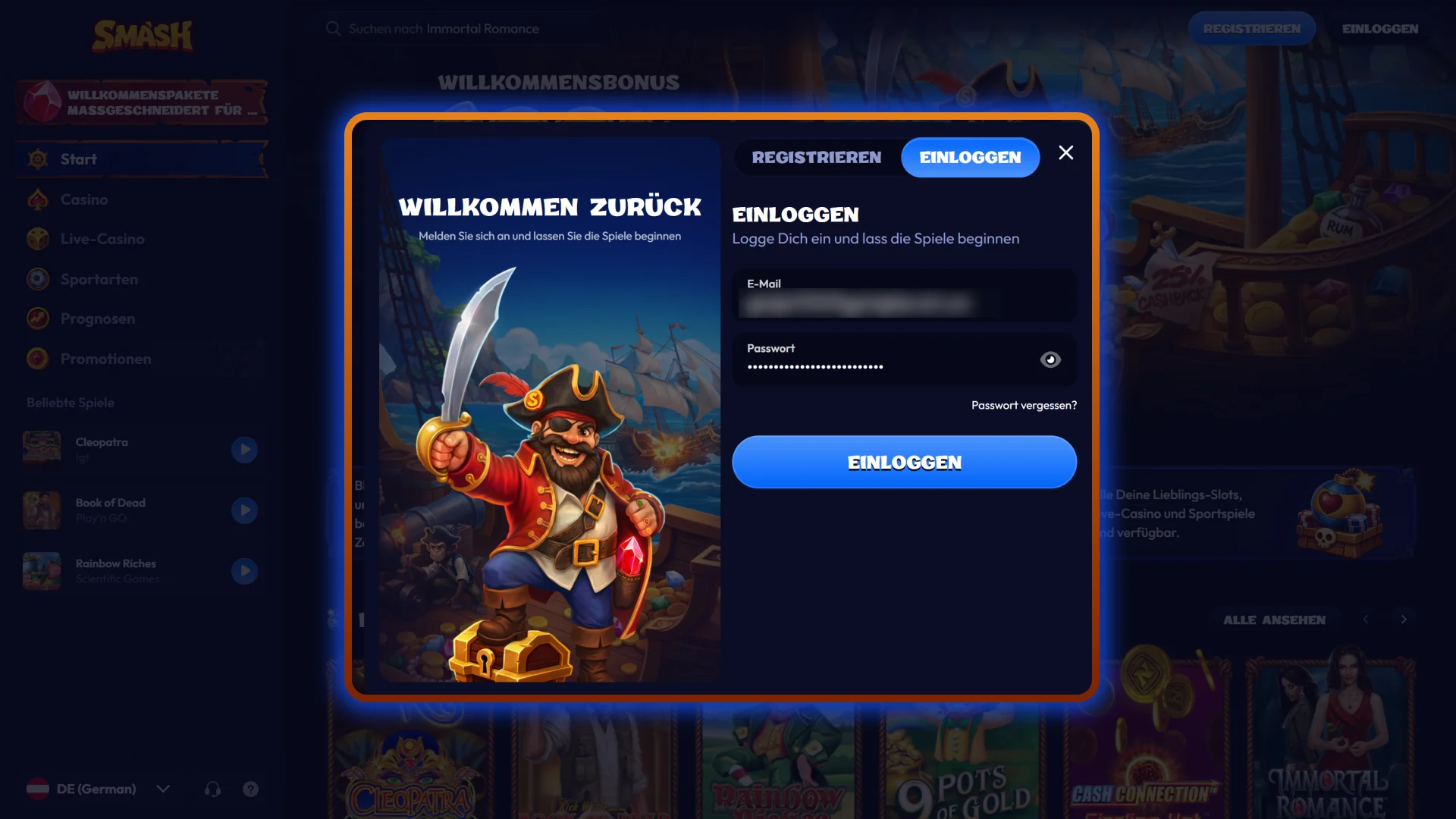 Melden Sie sich mit Ihrem neu erstellten Passwort erfolgreich bei Smash an.