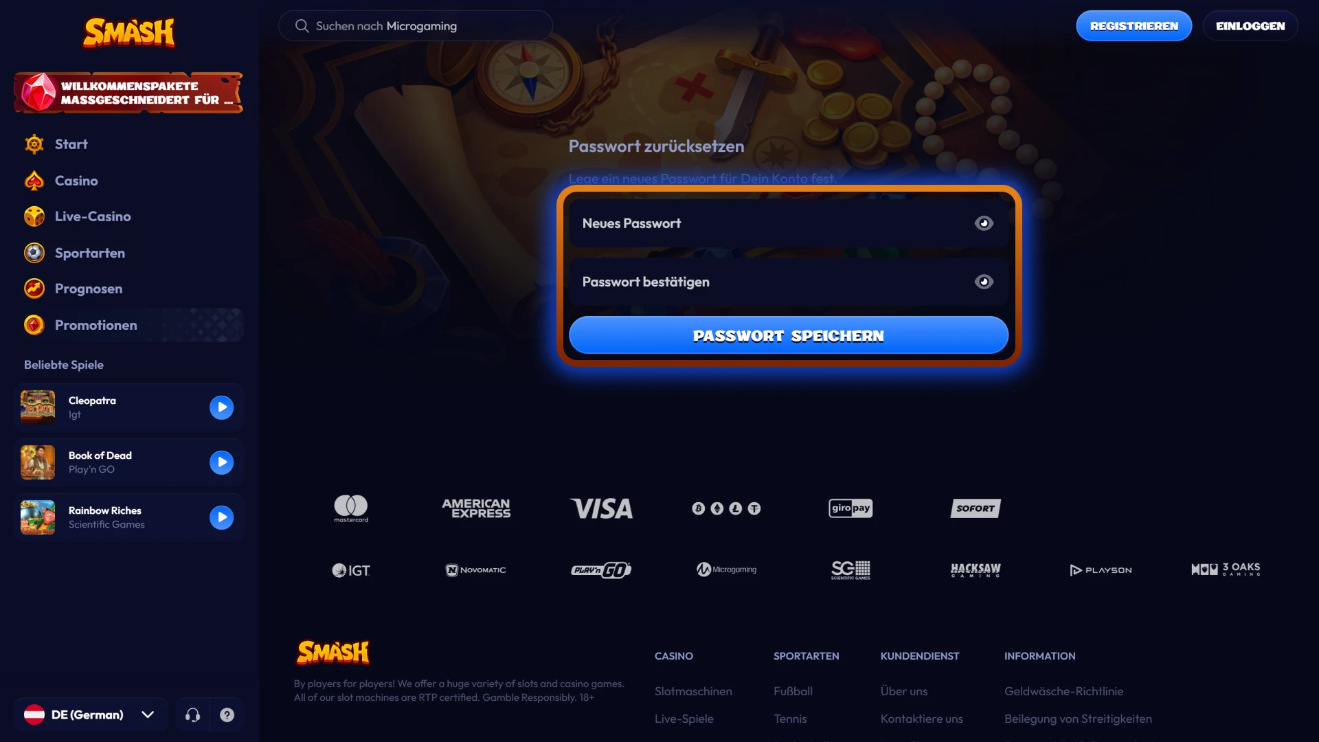 Erstellen Sie ein neues, sicheres Passwort für Ihren Smash Spielerkonto.