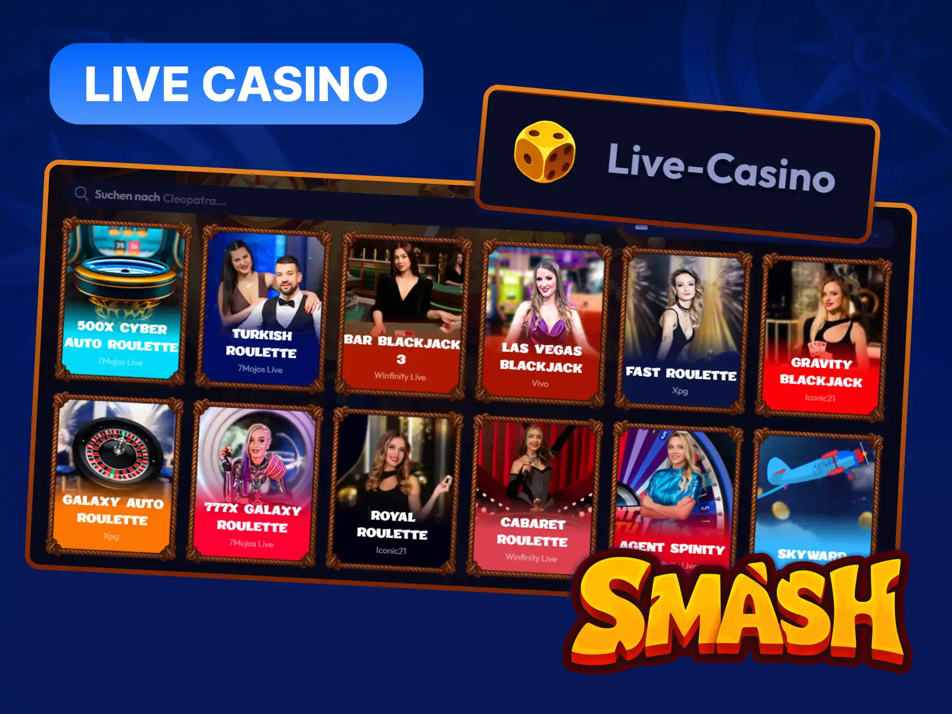 Live Casino bei Smash mit professionellen Dealern per Videostream für authentische Casino-Atmosphäre am Bildschirm.