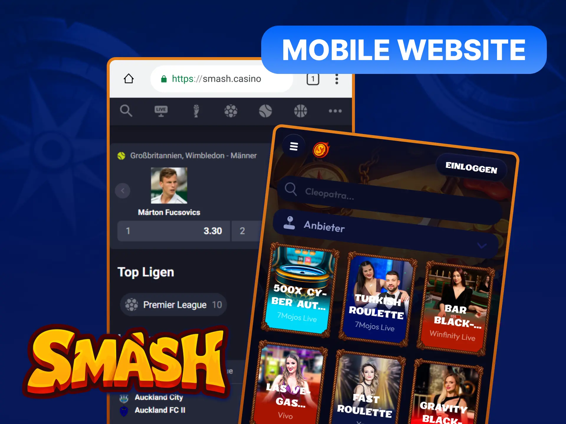 Mobile Website von Smash – optimiert für Smartphones und Tablets, kein Download nötig, voller Zugriff auf Wetten und Casino.