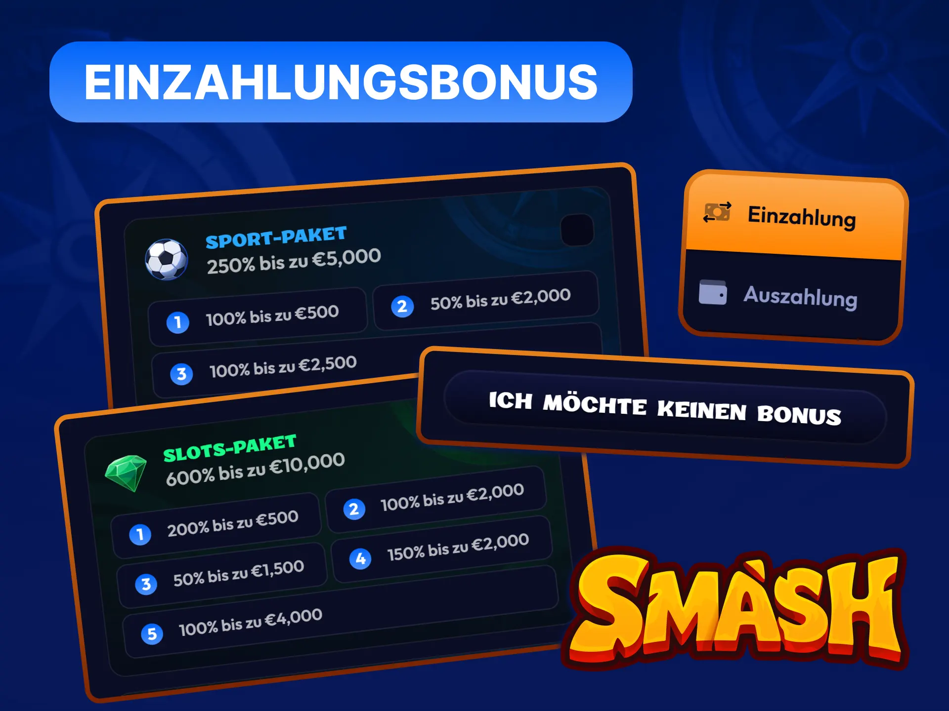 Smash Willkommensbonus: 600% bis 10.000 EUR für Slots oder 250% bis 5.000 EUR für Sportwetten.