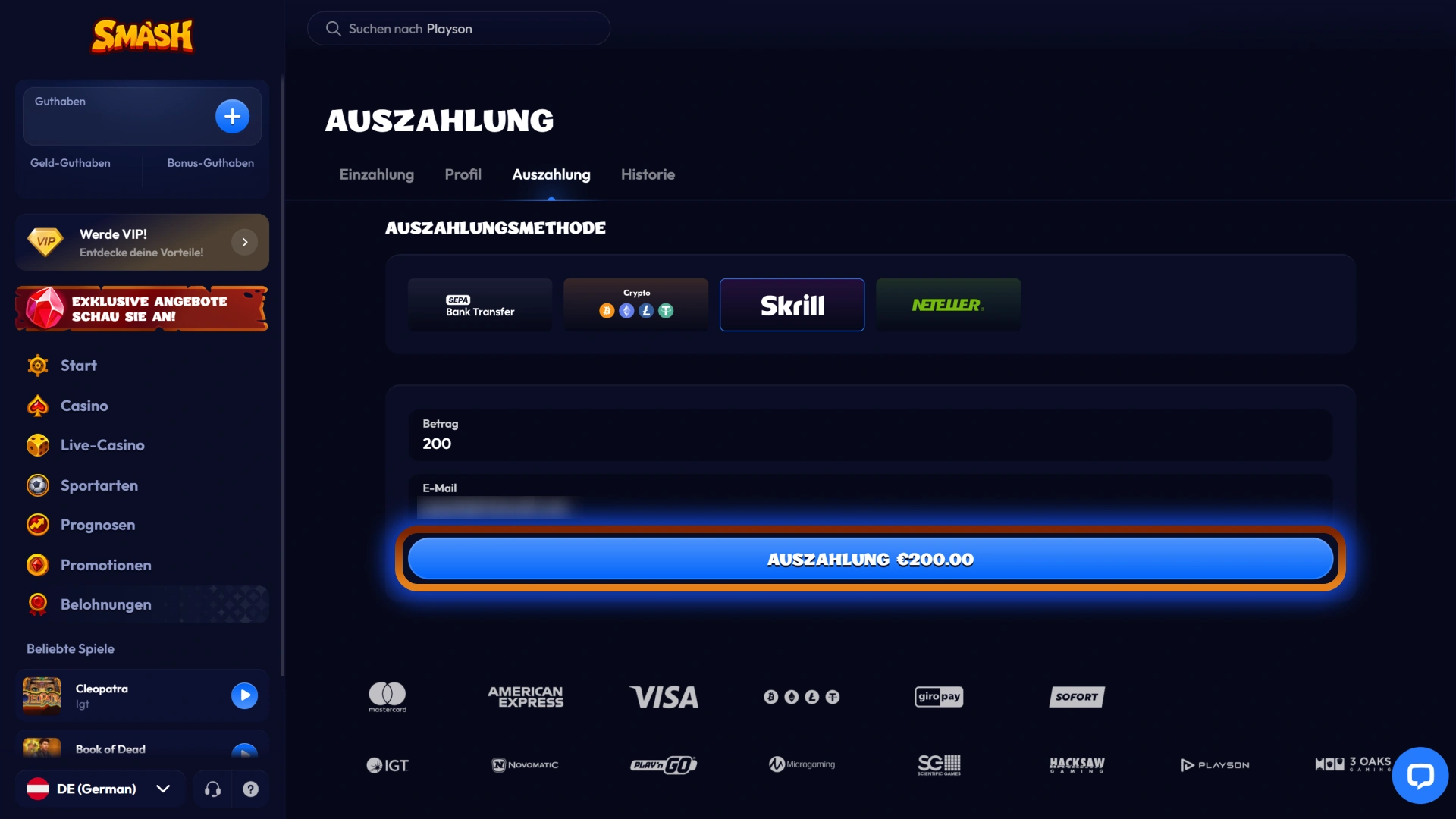 Senden Sie Ihre Auszahlungsanforderung zur schnellen Bearbeitung bei Smash ab.