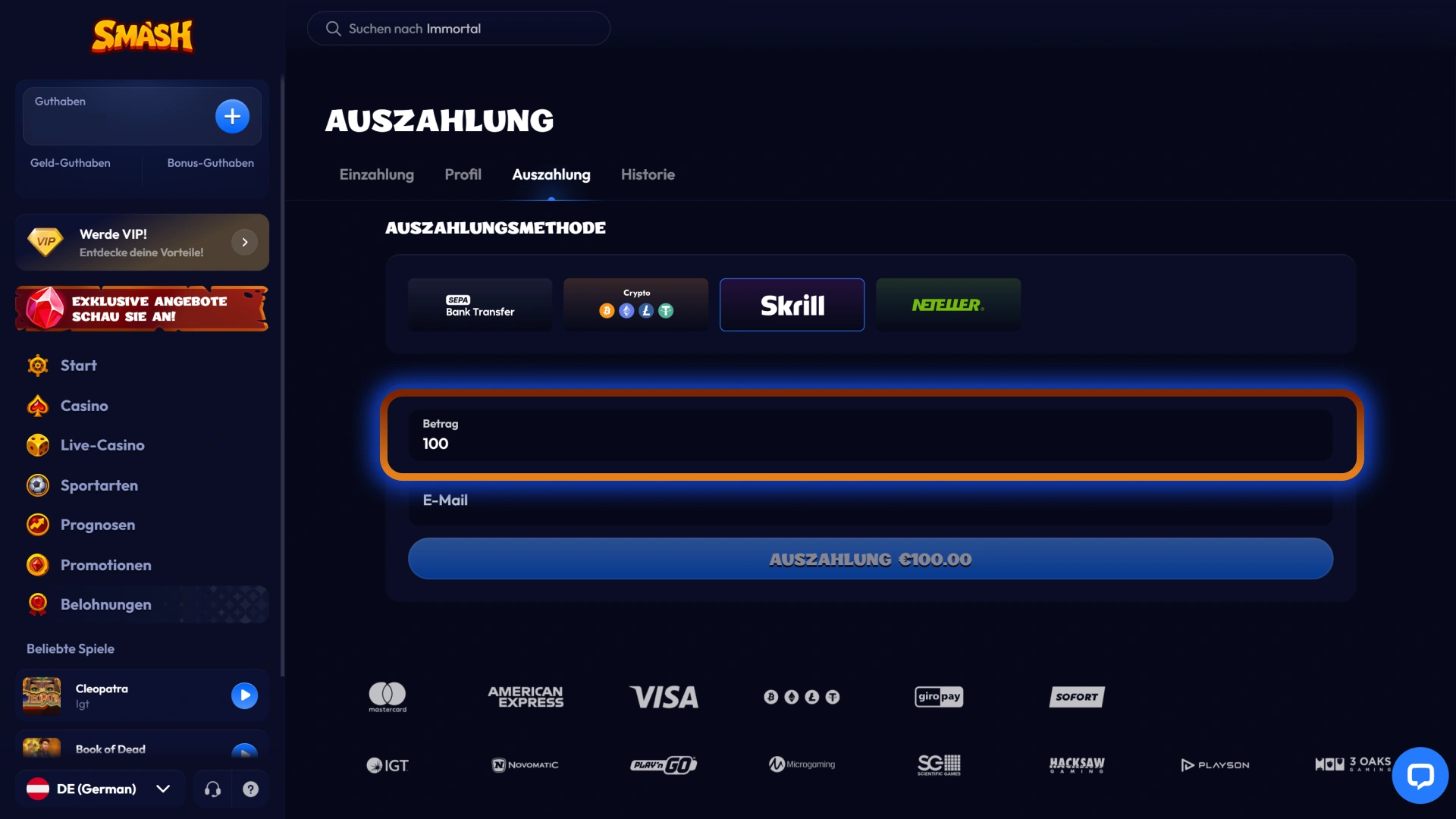 Geben Sie den genauen Betrag ein, den Sie von Smash abheben möchten.