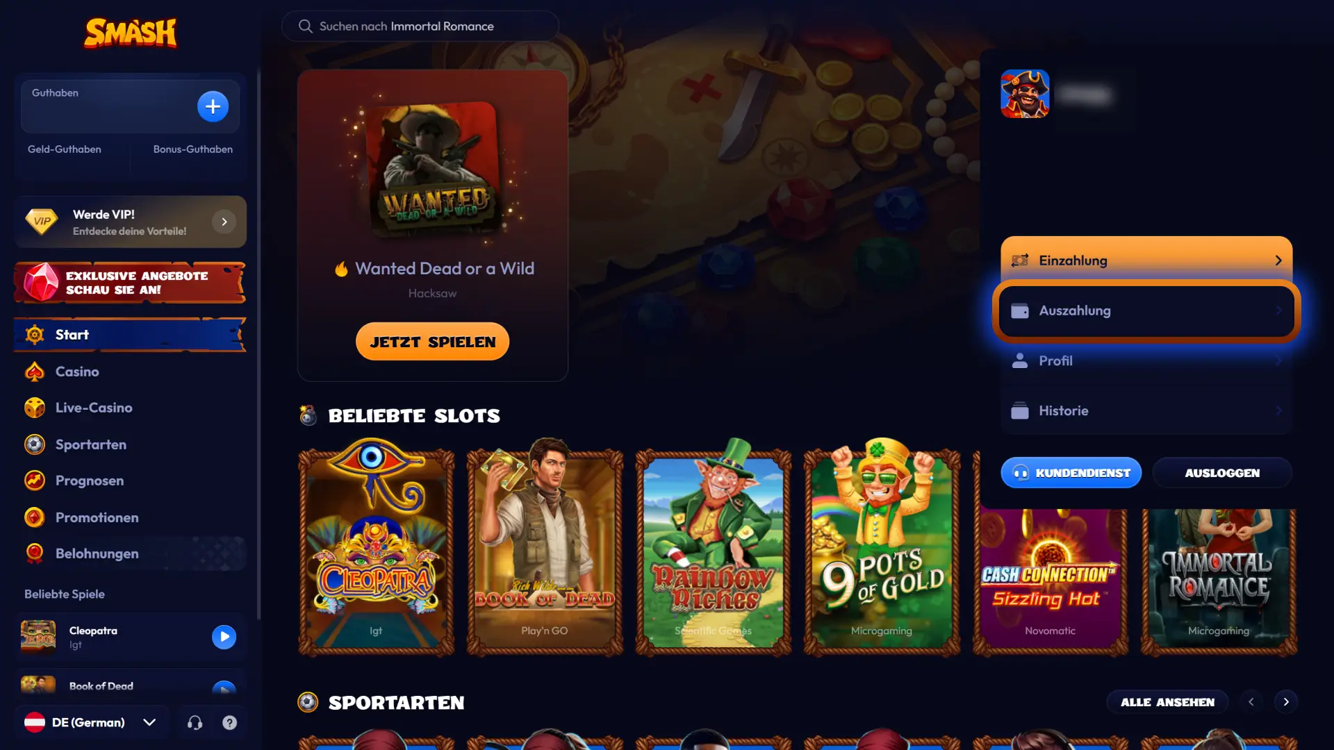 Klicken Sie auf den Auszahlungsbutton im Kassenbereich des Smash Casinos.