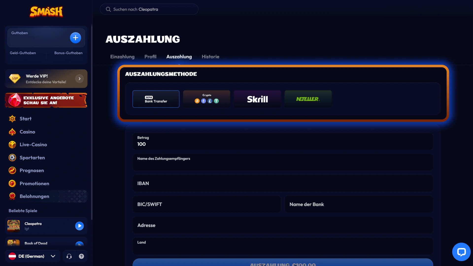 Wählen Sie Ihre bevorzugte Option für die Auszahlung Ihrer Smash Gewinne.