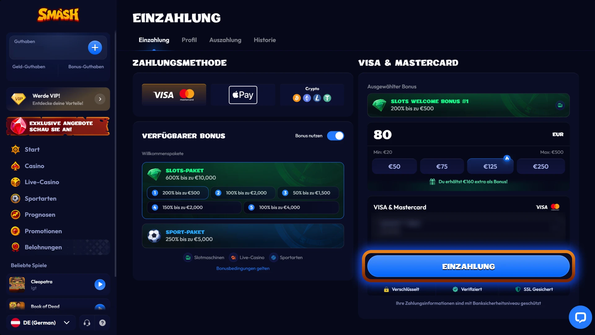 Bestätigen Sie Ihre Einzahlung, um sofort mit dem Spielen bei Smash zu beginnen.