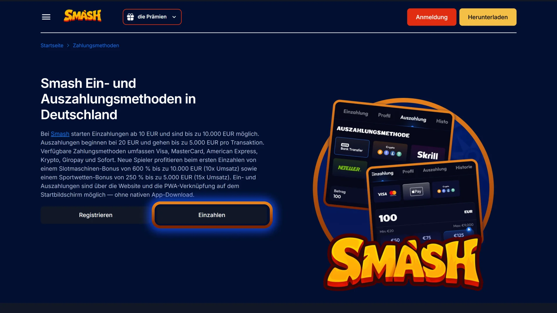 Nutzen Sie den Einzahlungsbutton, um Ihr Smash Konto aufzuladen.