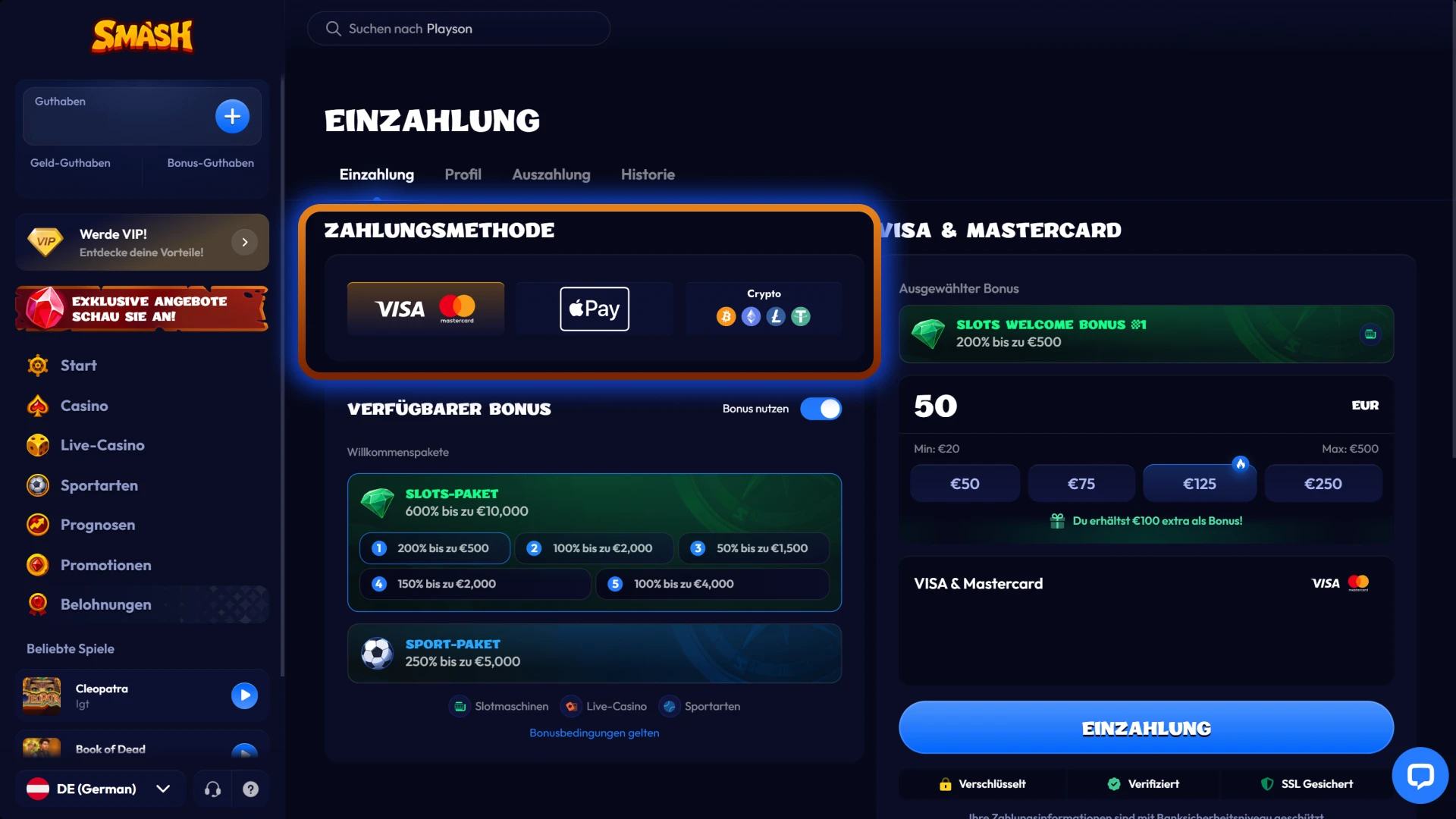 Wählen Sie eine sichere Einzahlungsmethode im Online-Casino von Smash.